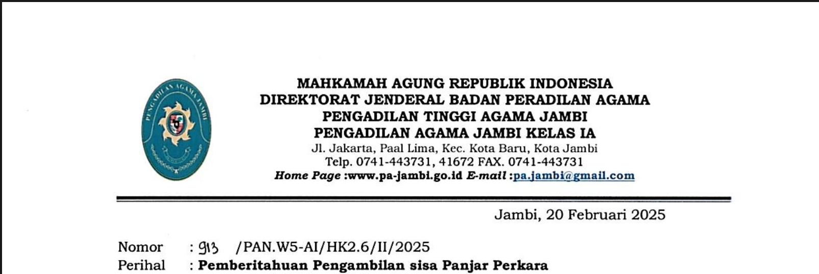 Pemberitahuan Pengembalian sisa panjar perkara